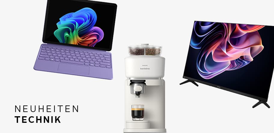 Neuheiten Technik – lila Laptop, Kaffeemaschine und Fernseher mit buntem Bildschirm