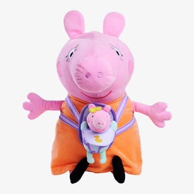 Peppa Wutz Kuscheltier in orangefarbenem Kleid mit kleinem Peppa Wutz Kuscheltier im Tragesitz