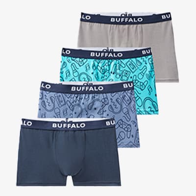 Vier Boxer-Shorts von Buffalo in verschiedenen Farben und Mustern, gestapelt von hellgrau bis dunkelgrau