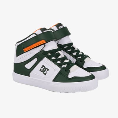 DC-Schuhe in Weiß und Grün mit Klettverschluss und Schnürsenkeln, seitliches Logo in Weiß auf grünem Hintergrund