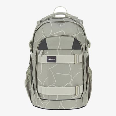 Grauer Rucksack mit geometrischem Muster und BOLD-Logo auf der Vorderseite