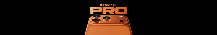 iPhone 17 Pro – Rückansicht eines orangefarbenen iPhone 17 Pro mit drei Kameralinsen und einem Blitz vor schwarzem Hintergrund