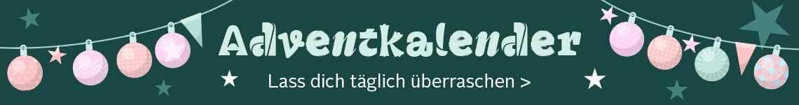 Adventskalender – Lass dich täglich überraschen > Banner mit Weihnachtskugeln und Sternen auf dunklem Hintergrund