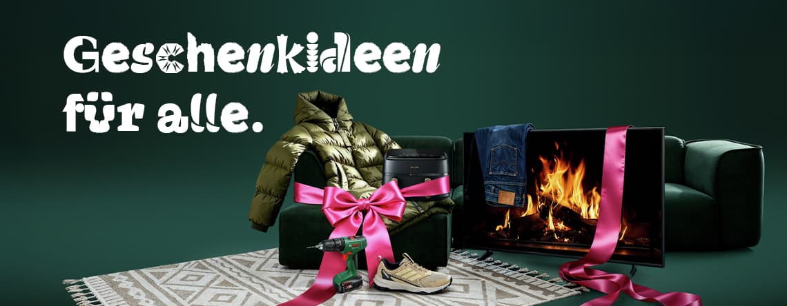 Geschenkideen für alle – Jacke, Fernseher mit Feuerbild, Jeans, Schuh, Bohrmaschine und Drucker mit rosa Schleifen auf Teppich