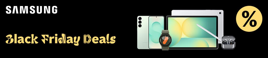 Samsung Black Friday Deals – Smartphone, Smartwatch, Tablet mit Stift und Kopfhörer auf schwarzem Hintergrund