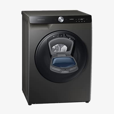 Schwarze Samsung Waschmaschine mit AddWash-Tür auf weißem Hintergrund