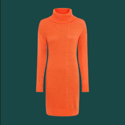 Orangefarbenes Strickkleid mit Rollkragen und langen Ärmeln vor grünem Hintergrund