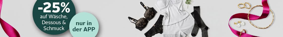 -25 % auf Wäsche, Dessous & Schmuck – nur in der APP – Schwarzes Spitzen-BH-Set, weiße Nachtwäsche und goldene Schmuckstücke auf grauem Hintergrund