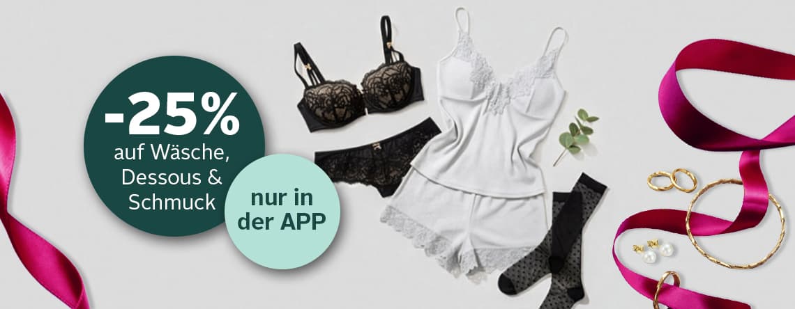 -25 % auf Wäsche, Dessous & Schmuck nur in der APP – Verschiedene Dessous und Schmuckstücke, dekoriert mit Schleifenband