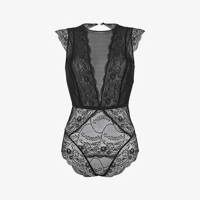 Schwarzer, ärmelloser Spitzenbody mit tiefem Ausschnitt und Rückenverschluss