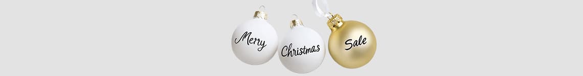Sale – Drei Christbaumkugeln mit den Worten Merry Christmas und Sale