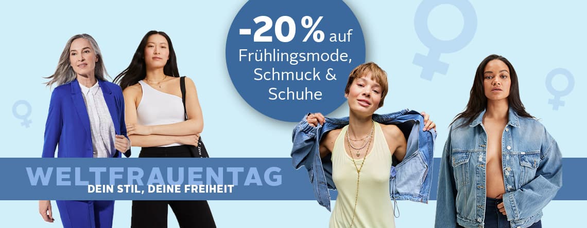 -20 % auf Frühlingsmode, Schmuck & Schuhe – Vier Frauen präsentieren verschiedene Outfits zum Weltfrauentag.