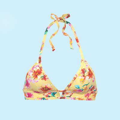 Gelbes Bikini-Top mit buntem Blumenmuster und Nackenband