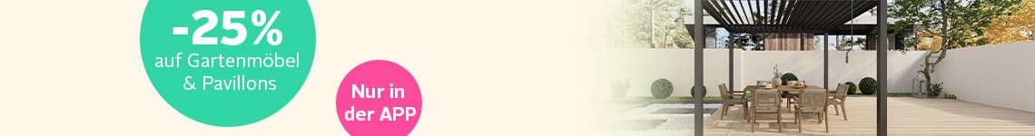 -25 % auf Gartenmöbel und Pavillons, nur in der App – gedeckter Gartentisch unter Pavillon auf Terrasse