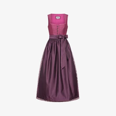 Langes Dirndl in Pink und Dunkellila mit Knopfleiste am Mieder und breiter Schleife an der Taille