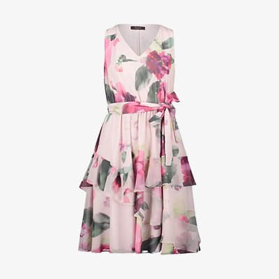 Ärmelloses Kleid mit V-Ausschnitt, pink-grünem Blumenmuster und Bindegürtel, Rock mit mehrlagigen Volants