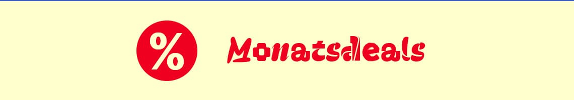 Monatsdeals – rotes Prozentzeichen neben Schriftzug auf gelbem Hintergrund
