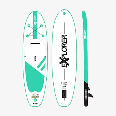 Explorer Stand Up Paddle Board in Weiß mit türkisfarbenen Details, von oben und von der Seite gezeigt