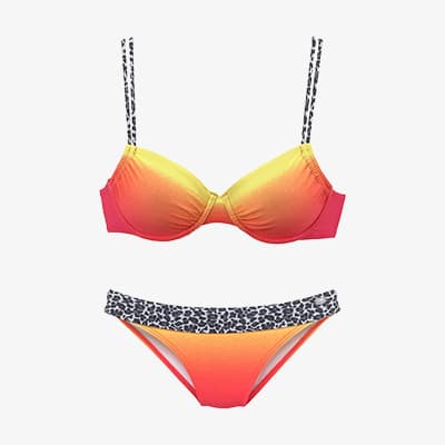 Bikini mit gelb-orange-rosa Farbverlauf und schmalen Trägern, Slip mit gemustertem Bund
