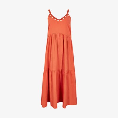 Oranges, ärmelloses Maxikleid mit V-Ausschnitt, Trägern und weit schwingendem, stufigem Rock