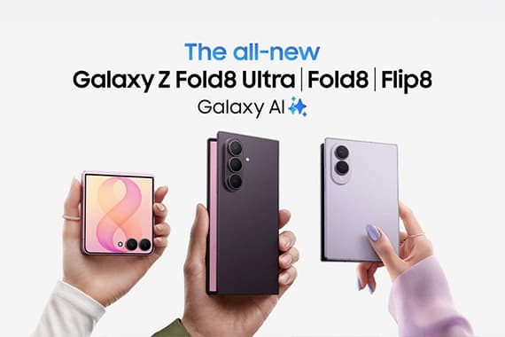 The all-new Galaxy Z Fold8 Ultra, Fold8, Flip8 – drei Hände halten die neuen Galaxy AI Smartphones in verschiedenen Farben