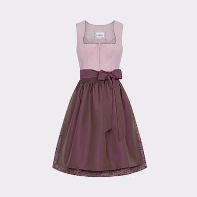 Zweifarbiges Dirndl in Rosa und Dunkelviolett mit breitem Taillenband und Schleife vorne, frontal freigestellt