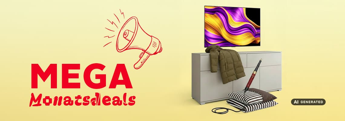 MEGA Monatsdeals – Sideboard mit Fernseher, Jacke, Kissen und Staubsauger vor gelbem Hintergrund