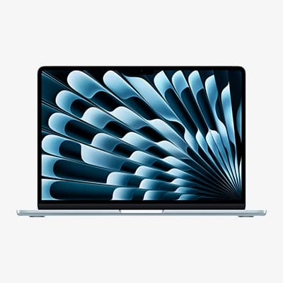 Aufgeklappter Laptop von vorn mit abstraktem blau-weißem Muster auf dem Bildschirm
